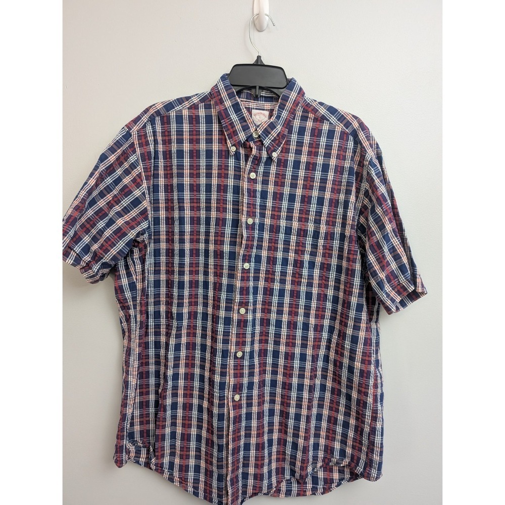 D6 Brooks Brothers 346 Button Up Shirt L Seersucker Plaid Short Sleeve Preppy